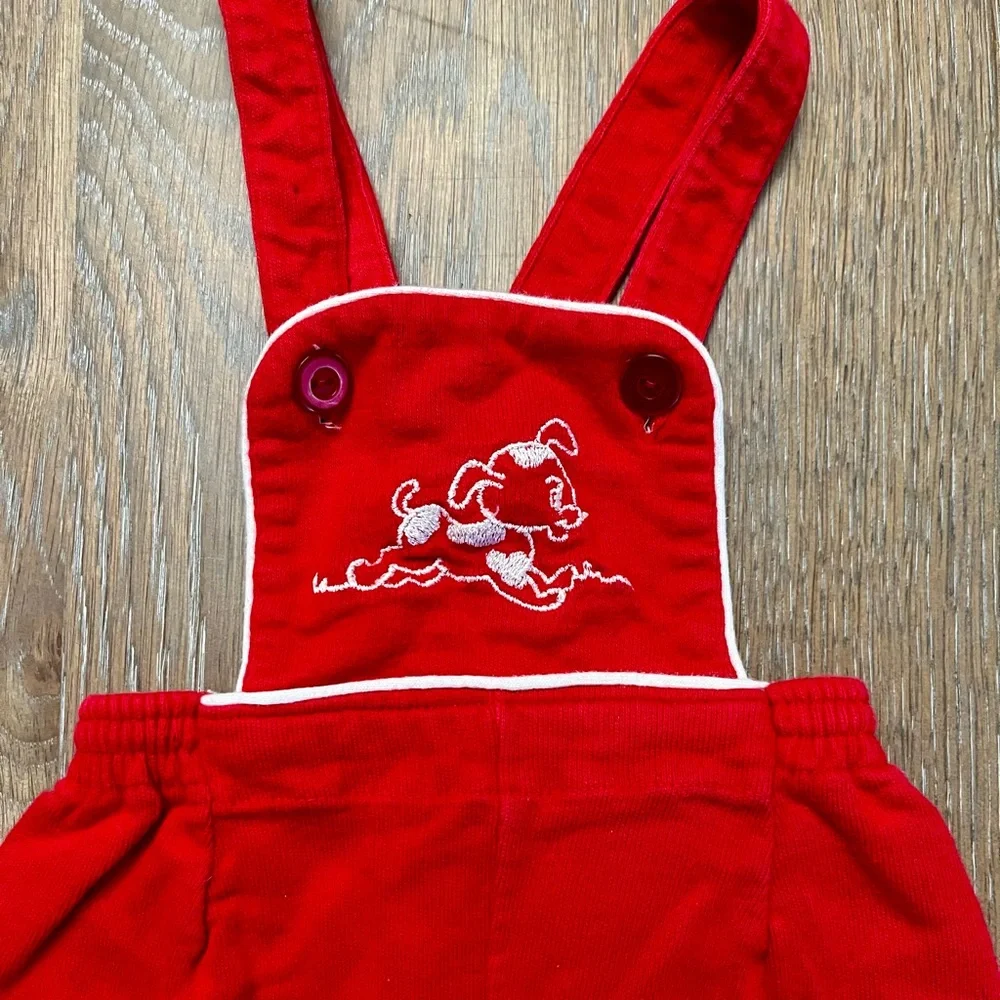 Carter’s Girls red ribbed overalls puppy stitching cotton‎ medium (15-22lbs) VTG